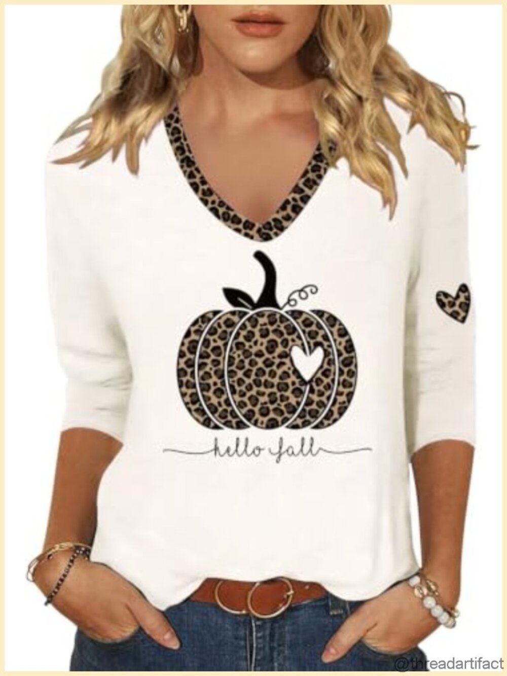 Womens 3/4 Sleeve V Neck Pumpkin Graphic Tee Thanksgiving Fall Tops